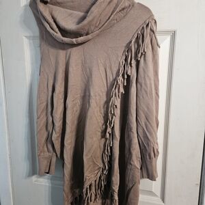 Reba Taupe Cowl Neck Sweater with Fringe